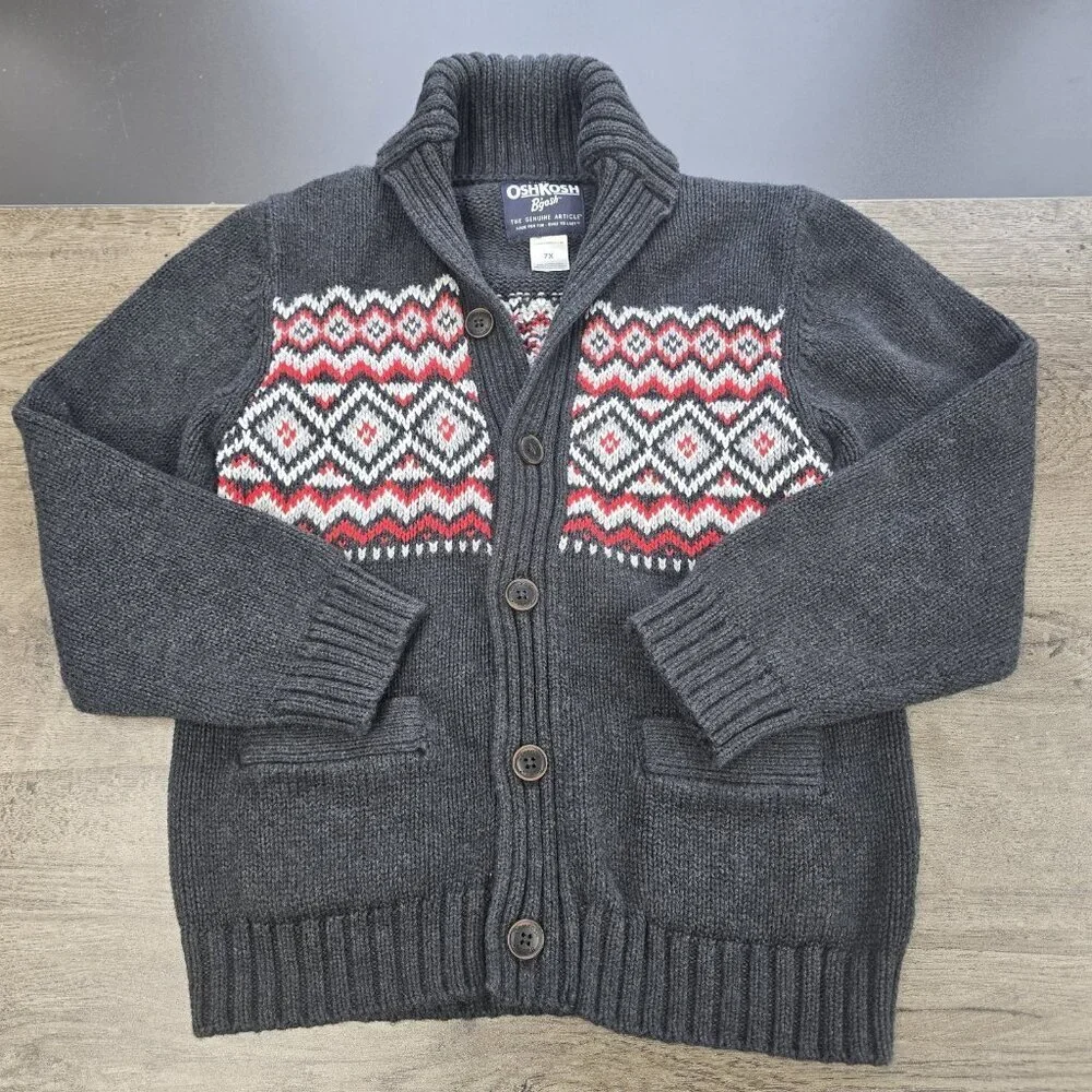 OshKosh B’gosh Fair Isle Cardigan Sweater Size 7X Thick Knit Nordic Gray Red